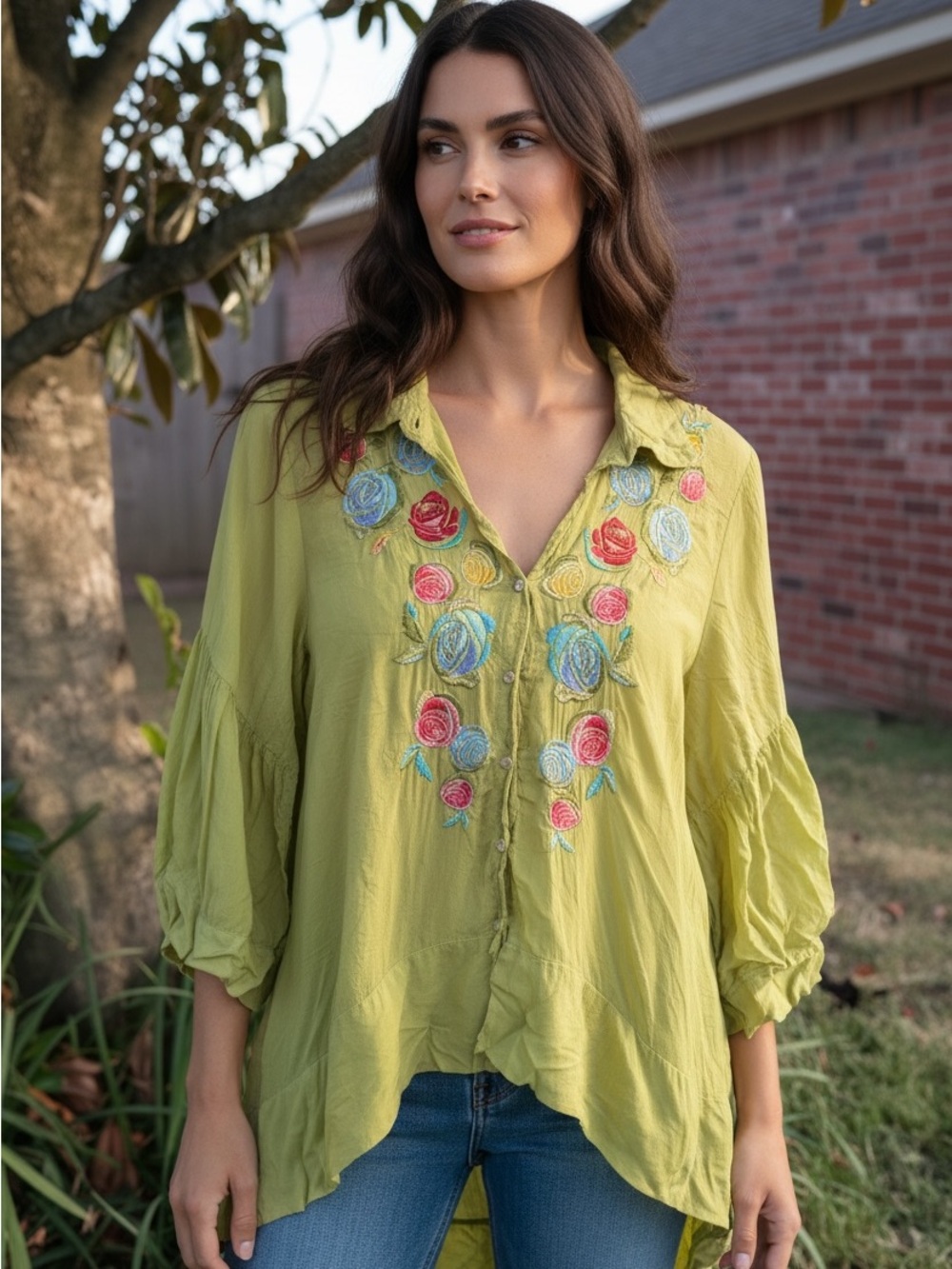 Johnny Was S Chartreuse Embroidered Floral Button Front Boho Blouse Top